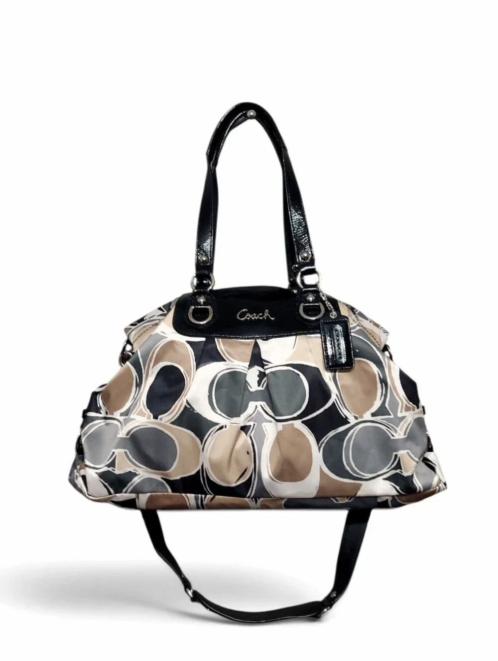 Coach Ashley Scarf Print Signature Sateen & Black  Leather Satchel No. F17644
